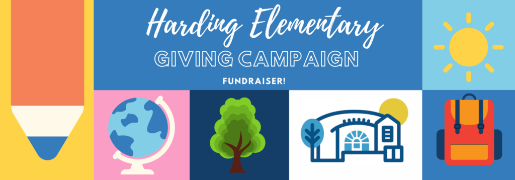 collage of a orange pencil, blue globe on a pink background green tree against navy blue the Harding Logo against white a backpack against blue and. ayellow sun against a light blue background with the words Harding Elementary Giving Campaign