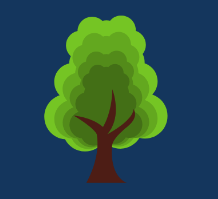 green tree with brown trunk agains navy blue background