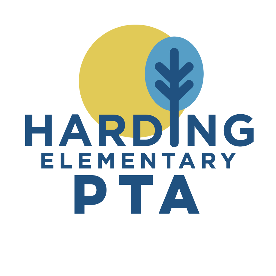 Harding PTA text in navy blue with light blue tree and yellow sun behind
