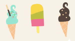 2 ice cream cones, left is teal with sprinkles, right is chocolate and in the center is a yellow, green and pink popcicle