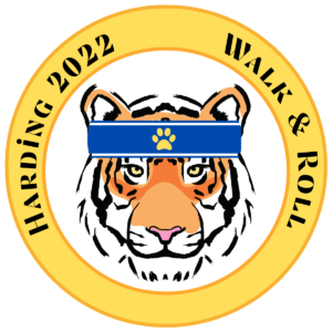 image of orange tiger with a blue headband that has a yellow pawprint in the center surrounded by a yellow circle with the words Harding 2022 on the left and Walk & Roll on the right
