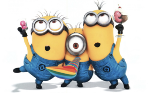 Image of 3 minions celebrating two are holding ice cream and the center one is blowing a rainbow horn