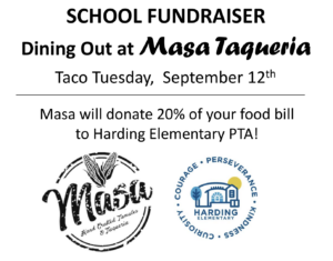 black writing on a white background with the text that says school fundraiser dinging out at Masa Taqueria